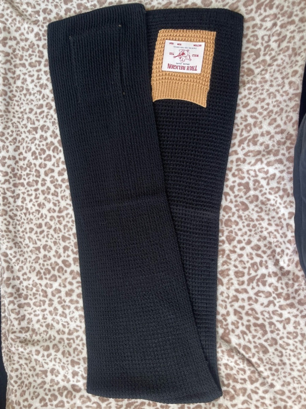 True Religion Black Knit Scarf with Tan Accent Patch